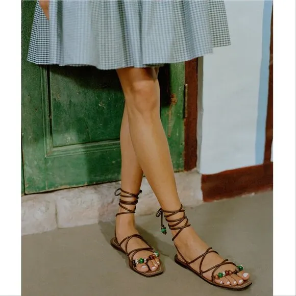 LOEFFLER RANDALL Colleen Ankle Tie Sandals Size 8.5 Brown Leather Beaded NEW
