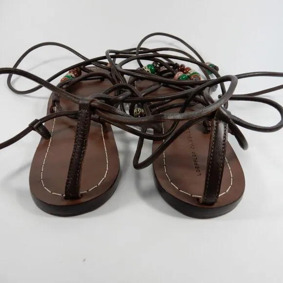 LOEFFLER RANDALL Colleen Ankle Tie Sandals Size 8.5 Brown Leather Beaded NEW