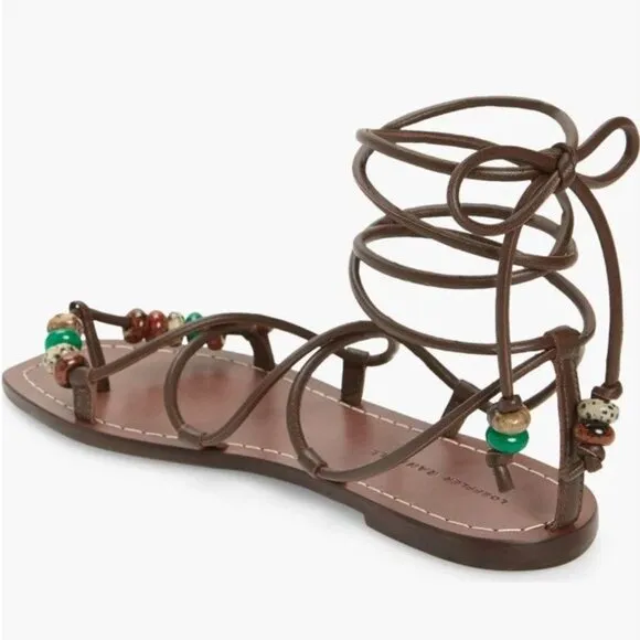LOEFFLER RANDALL Colleen Ankle Tie Sandals Size 8.5 Brown Leather Beaded NEW