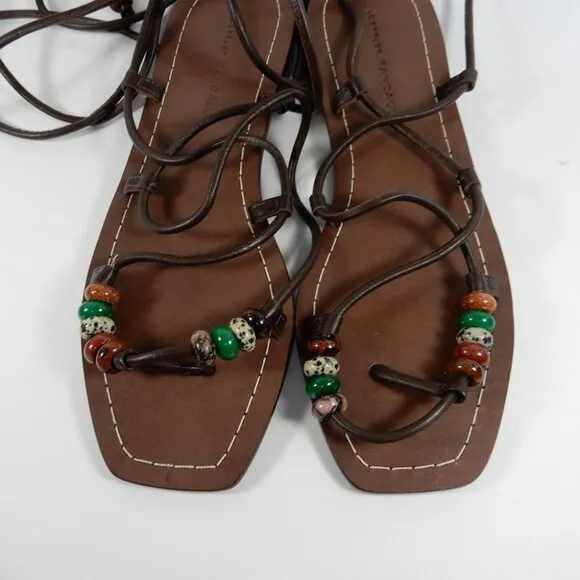 LOEFFLER RANDALL Colleen Ankle Tie Sandals Size 8.5 Brown Leather Beaded NEW