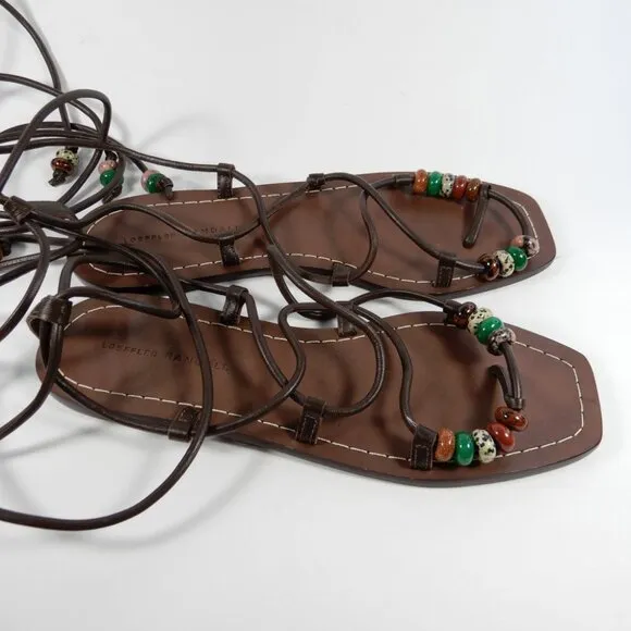 LOEFFLER RANDALL Colleen Ankle Tie Sandals Size 8.5 Brown Leather Beaded NEW