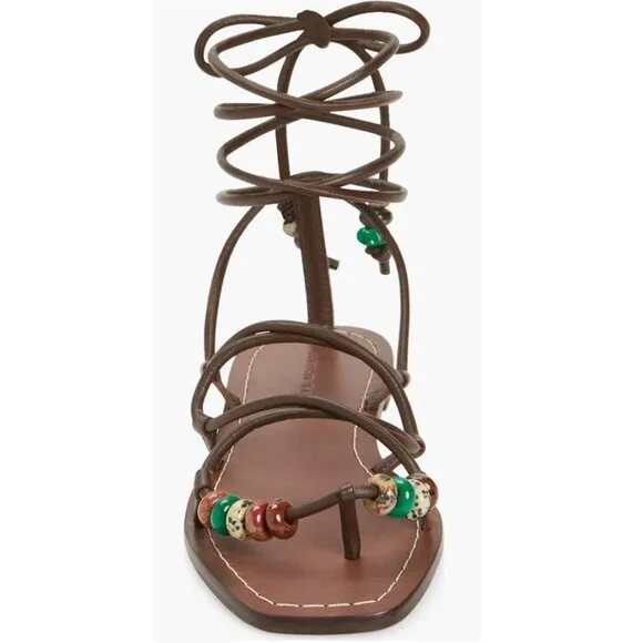 LOEFFLER RANDALL Colleen Ankle Tie Sandals Size 8.5 Brown Leather Beaded NEW