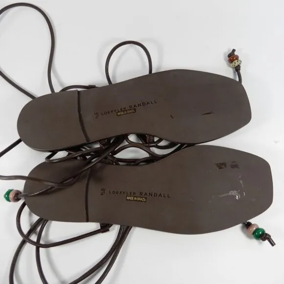 LOEFFLER RANDALL Colleen Ankle Tie Sandals Size 8.5 Brown Leather Beaded NEW