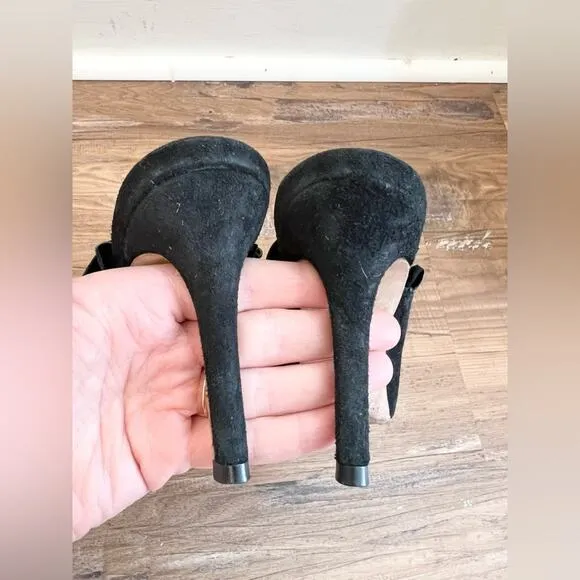 Loeffler Randall langley Suede Mule Heels black ruffle edge women’s 7