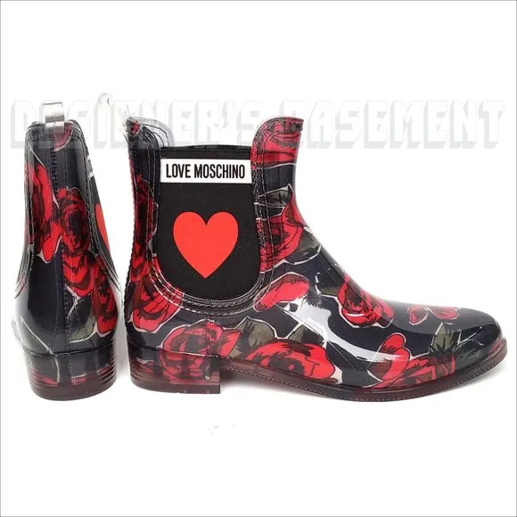 LOVE MOSCHINO rubber 40 - 9US black red ROSES &amp; logo HEART ankle Rain Boots NIB
