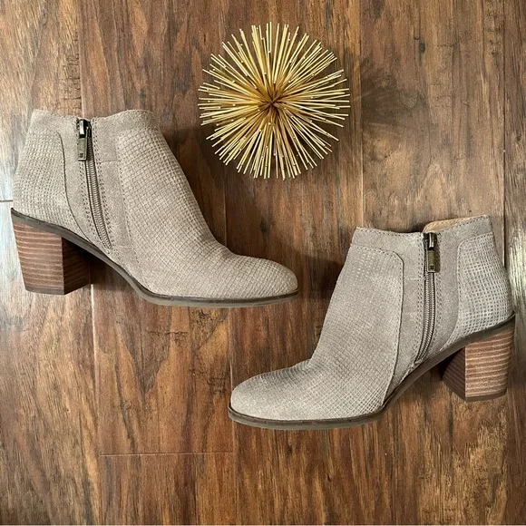 Lucky Brand Ponic Taupe Gray Suede Leather Ankle Boots Womens Size 7 M EIC