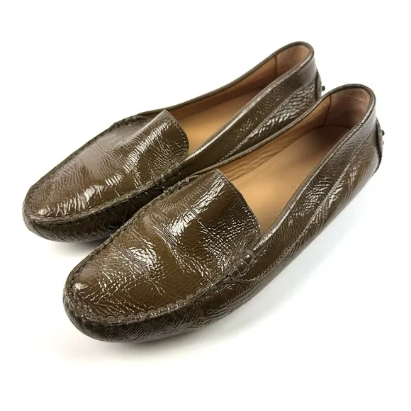 M Gemi Driving Loafer 38 Brown Olive Green Patent Leather Slip On Shoes Womens