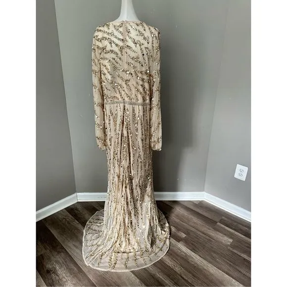 MAC DUGGAL LONG SLEEVE BEADED COLUMN GOWN