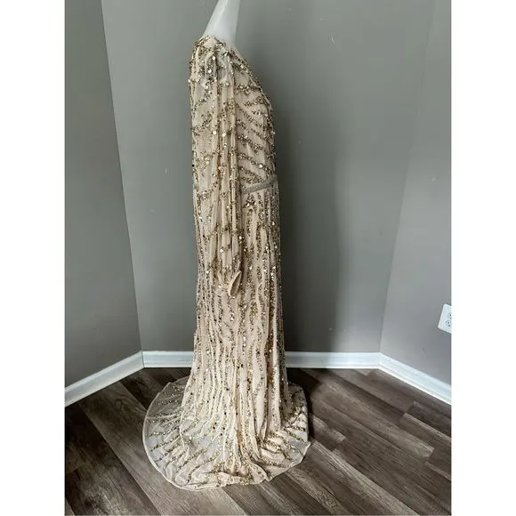 MAC DUGGAL LONG SLEEVE BEADED COLUMN GOWN
