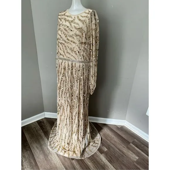 MAC DUGGAL LONG SLEEVE BEADED COLUMN GOWN