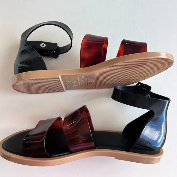 Melissa Black Brown Ankle Model Jelly Rubber Sandals Tortoiseshell Sz 8