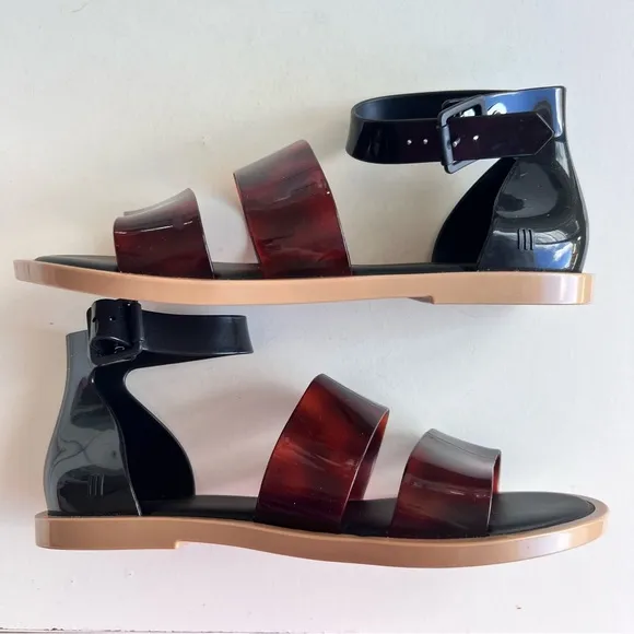 Melissa Black Brown Ankle Model Jelly Rubber Sandals Tortoiseshell Sz 8