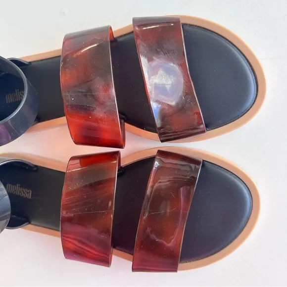 Melissa Black Brown Ankle Model Jelly Rubber Sandals Tortoiseshell Sz 8
