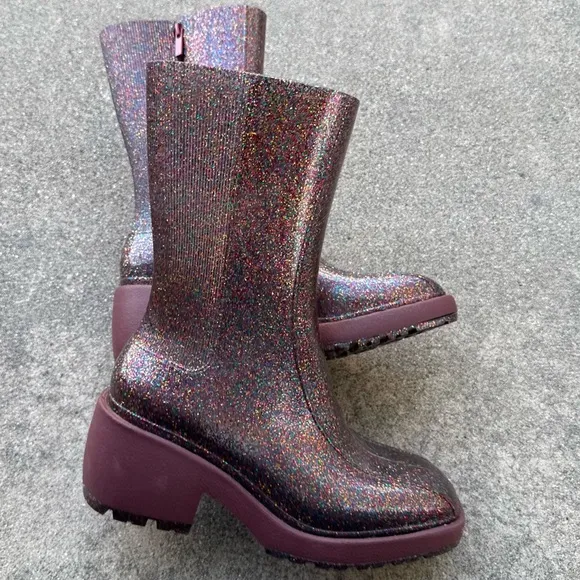 Melissa Nancy Boots Pink Glitter Chunky Rubber Rain Boots Y2K Rave Punk - Size 9