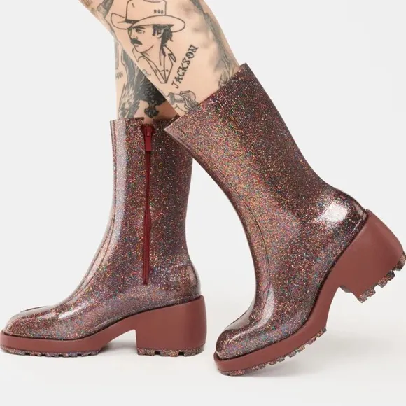 Melissa Nancy Boots Pink Glitter Chunky Rubber Rain Boots Y2K Rave Punk - Size 9