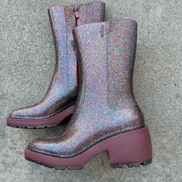 Melissa Nancy Boots Pink Glitter Chunky Rubber Rain Boots Y2K Rave Punk - Size 9