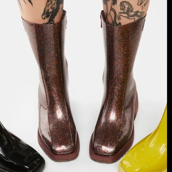 Melissa Nancy Boots Pink Glitter Chunky Rubber Rain Boots Y2K Rave Punk - Size 9