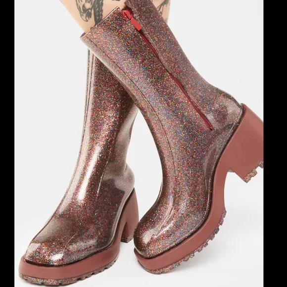 Melissa Nancy Boots Pink Glitter Chunky Rubber Rain Boots Y2K Rave Punk - Size 9
