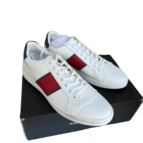 Mens Aldo Sneakers Size 10 White &amp; Red Casual Leather Low TopLace Up Athletic