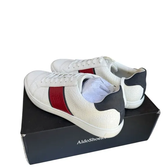 Mens Aldo Sneakers Size 10 White &amp; Red Casual Leather Low TopLace Up Athletic
