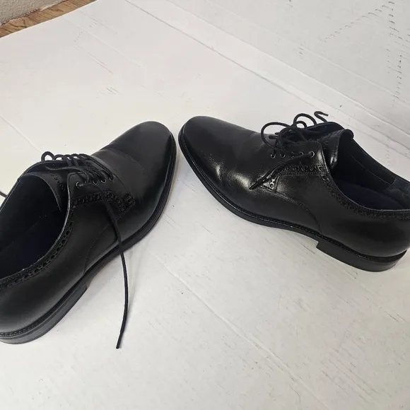 MENS BLACK LEATHER COLE HAAN PLAIN TOE OXFORD DRESS SHOES SIZE 9.5M PREPPY