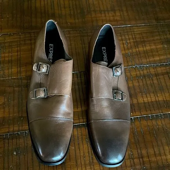 Men’s Express brown leather monk strap dress shoes sz 10 nwt