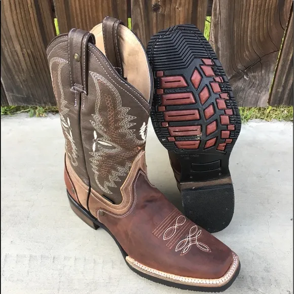 Mens Rodeo Square Toe All Leather Brown Boots