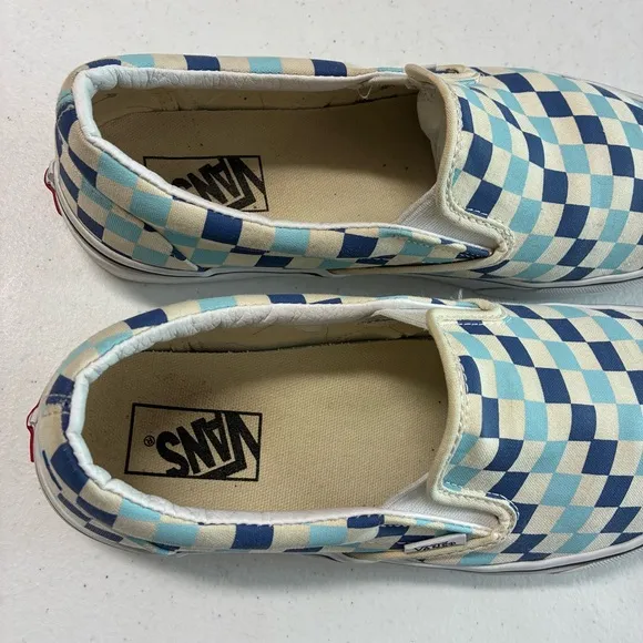 Men’s Sz 10 Blue Off White VANS Asher Checkerboard Sk8 Slip On Classic Shoe