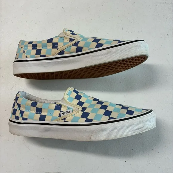 Men’s Sz 10 Blue Off White VANS Asher Checkerboard Sk8 Slip On Classic Shoe