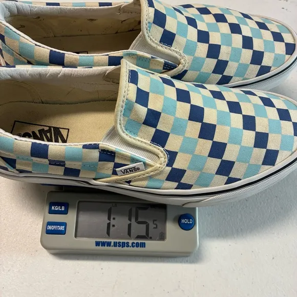 Men’s Sz 10 Blue Off White VANS Asher Checkerboard Sk8 Slip On Classic Shoe