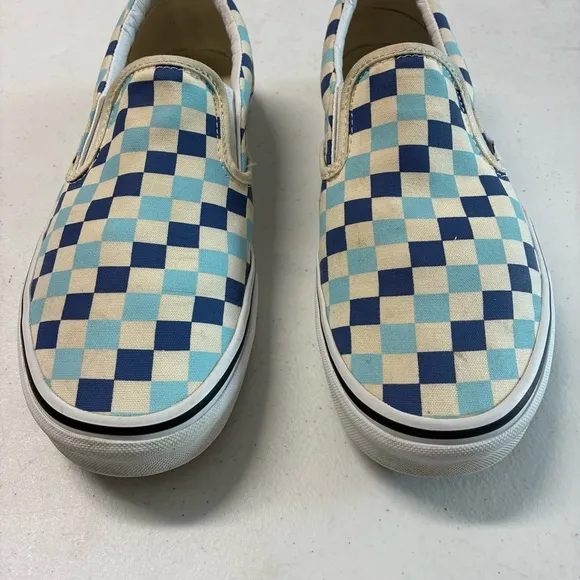 Men’s Sz 10 Blue Off White VANS Asher Checkerboard Sk8 Slip On Classic Shoe