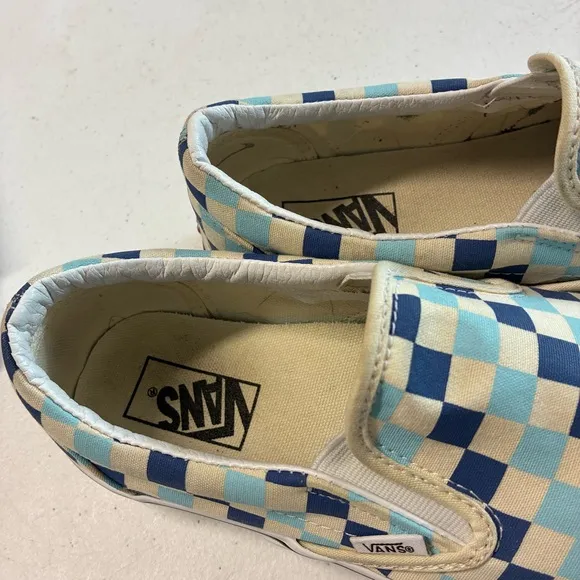 Men’s Sz 10 Blue Off White VANS Asher Checkerboard Sk8 Slip On Classic Shoe