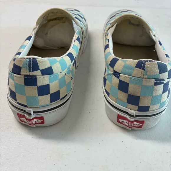 Men’s Sz 10 Blue Off White VANS Asher Checkerboard Sk8 Slip On Classic Shoe