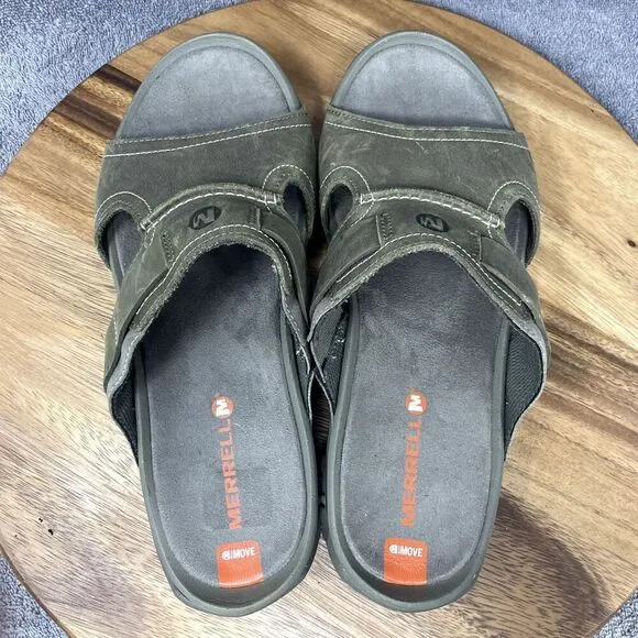 Merrell Men's Telluride Sandal Size 9 Thong Slide Flip Flop Olive Leather Comfy