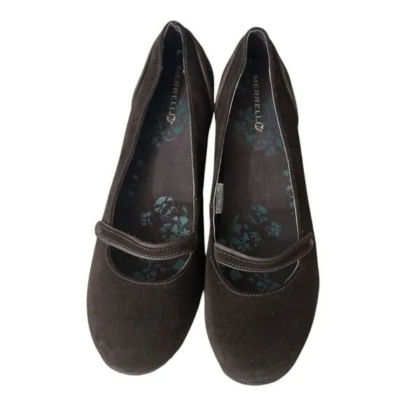 Merrell Petunia Women Mary Jane Wedge Brown Suede Slip On Vibram Shoes 9 Leather