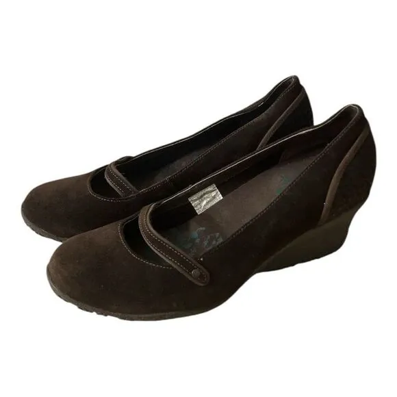 Merrell Petunia Women Mary Jane Wedge Brown Suede Slip On Vibram Shoes 9 Leather