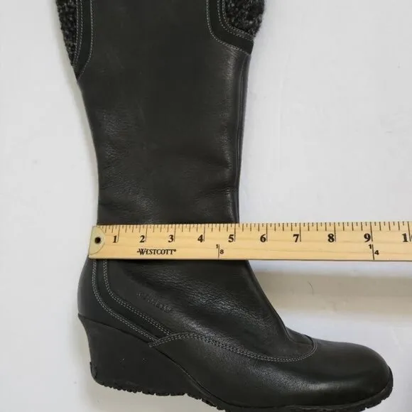 Merrell Vibram Soft Black Leather Wedge Heel Boots Wool Detail Shaft