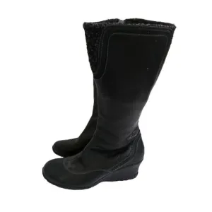 Merrell Vibram Soft Black Leather Wedge Heel Boots Wool Detail Shaft