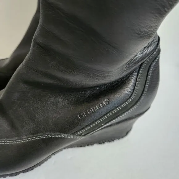 Merrell Vibram Soft Black Leather Wedge Heel Boots Wool Detail Shaft