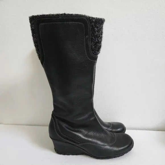 Merrell Vibram Soft Black Leather Wedge Heel Boots Wool Detail Shaft
