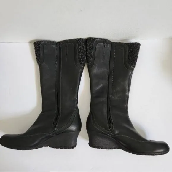 Merrell Vibram Soft Black Leather Wedge Heel Boots Wool Detail Shaft