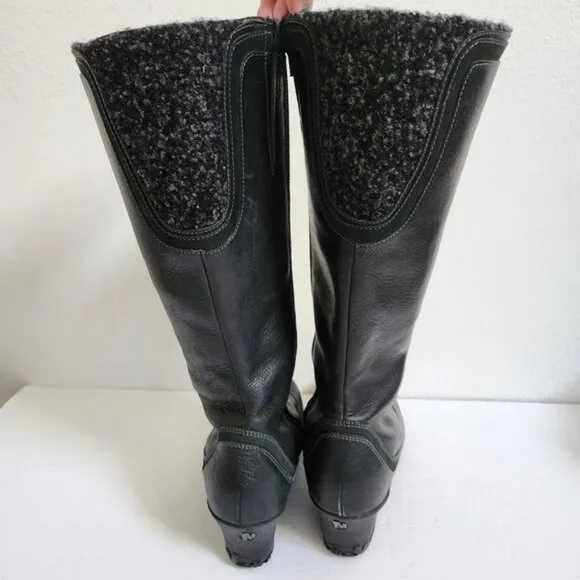 Merrell Vibram Soft Black Leather Wedge Heel Boots Wool Detail Shaft