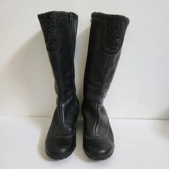 Merrell Vibram Soft Black Leather Wedge Heel Boots Wool Detail Shaft