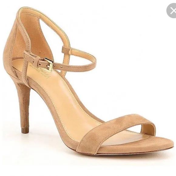 MICHAEL KORS SIMONE OPEN TOE SUEDE SANDALS, TAN, SIZE 10M