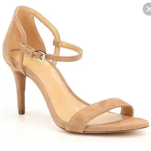 MICHAEL KORS SIMONE OPEN TOE SUEDE SANDALS, TAN, SIZE 10M