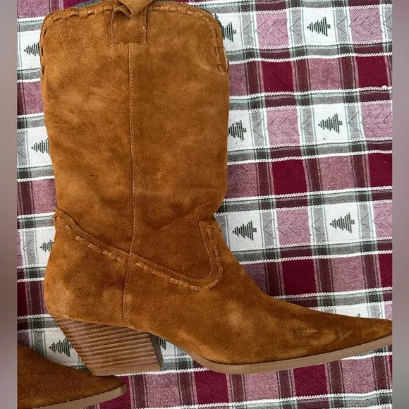 MICHAEL KORS Women’s Suede Leather Rodeo Western  Tan Boots Chunky Heels SZ 9M