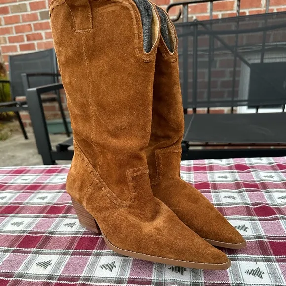 MICHAEL KORS Women’s Suede Leather Rodeo Western  Tan Boots Chunky Heels SZ 9M