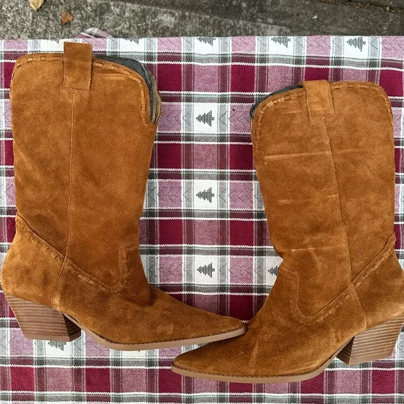 MICHAEL KORS Women’s Suede Leather Rodeo Western  Tan Boots Chunky Heels SZ 9M