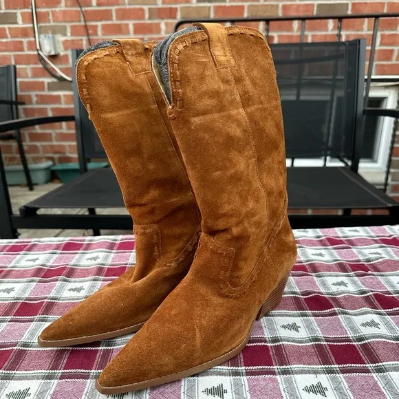 MICHAEL KORS Women’s Suede Leather Rodeo Western  Tan Boots Chunky Heels SZ 9M