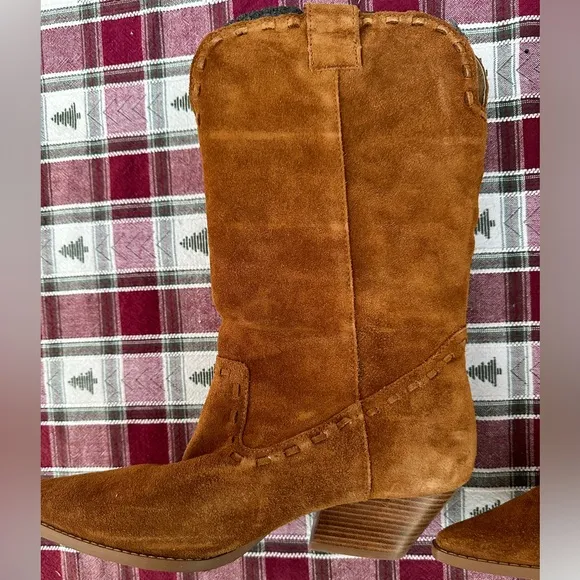 MICHAEL KORS Women’s Suede Leather Rodeo Western  Tan Boots Chunky Heels SZ 9M